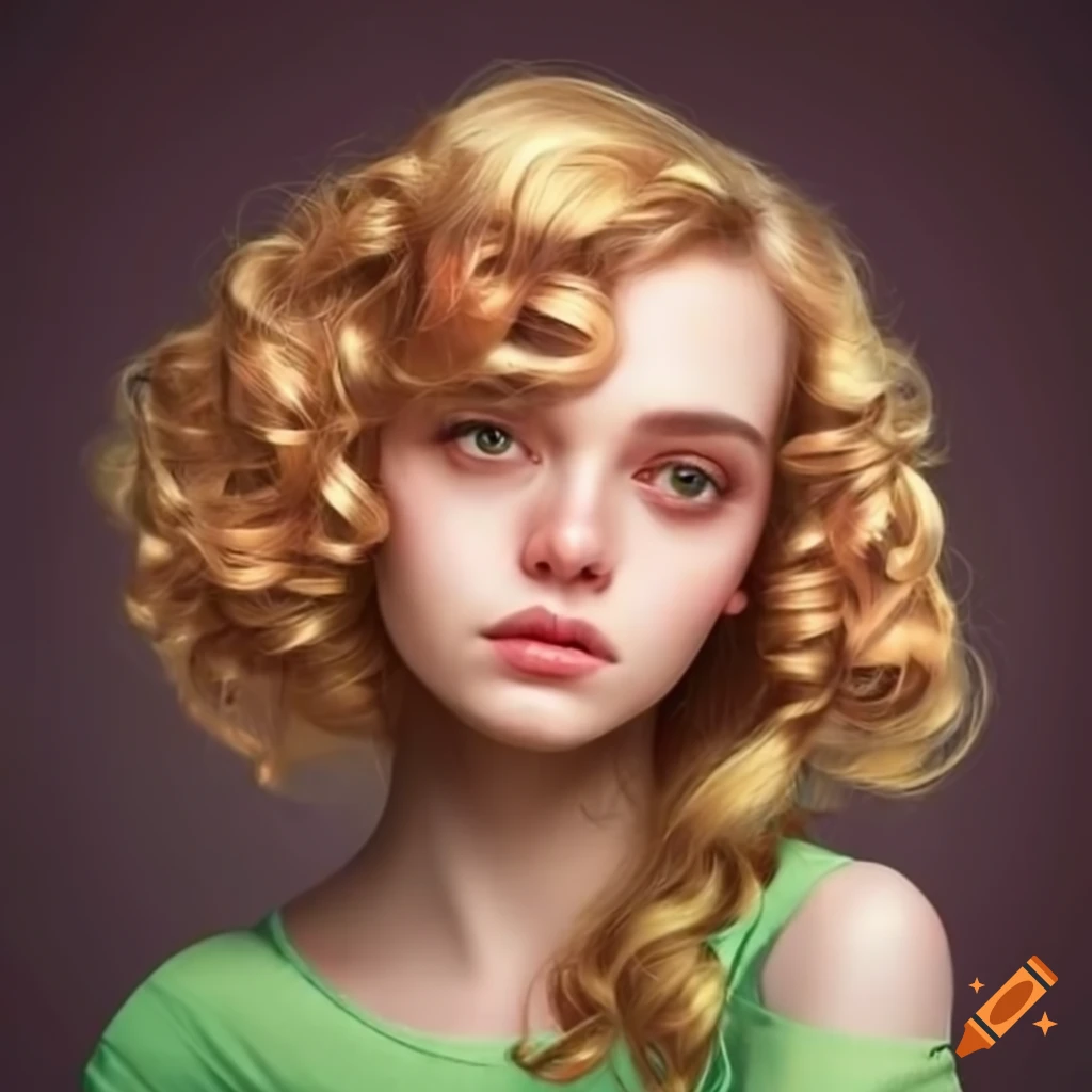 Woman with long strawberry blonde hair and green clothes on Craiyon