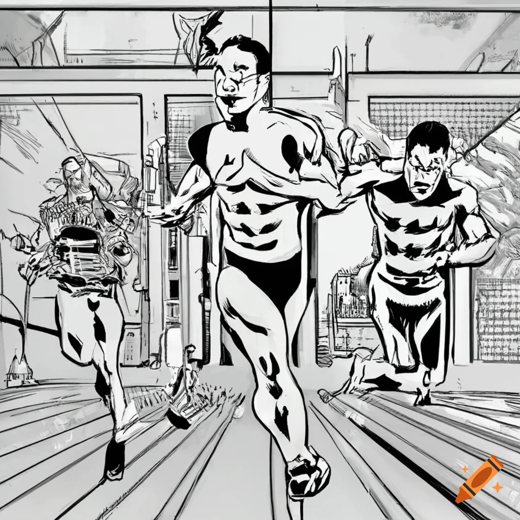 Man running in black and white comic panels on Craiyon