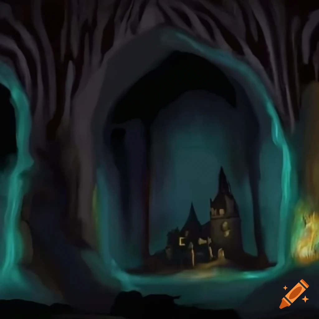 Dark underground cave with glowing stones and a distant castle on Craiyon