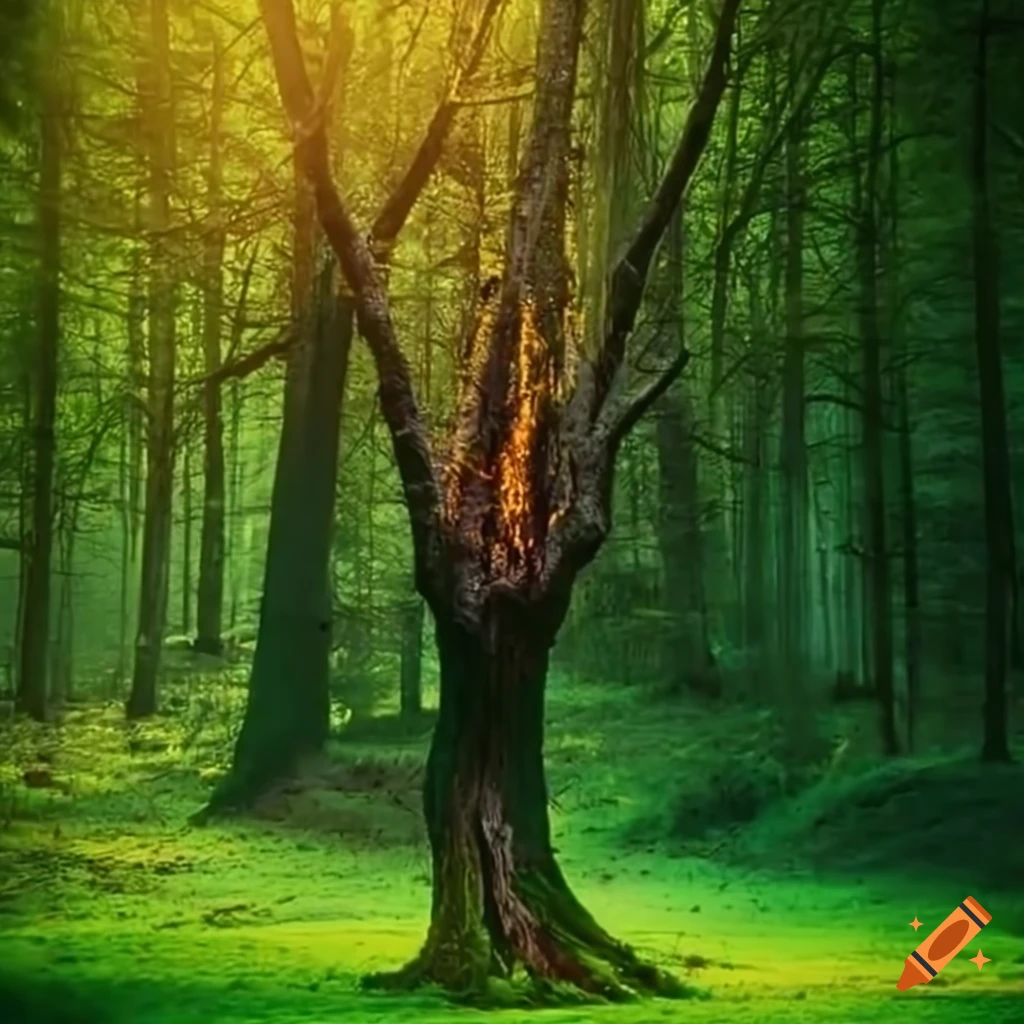Tree ablaze with flames in a green forest on Craiyon