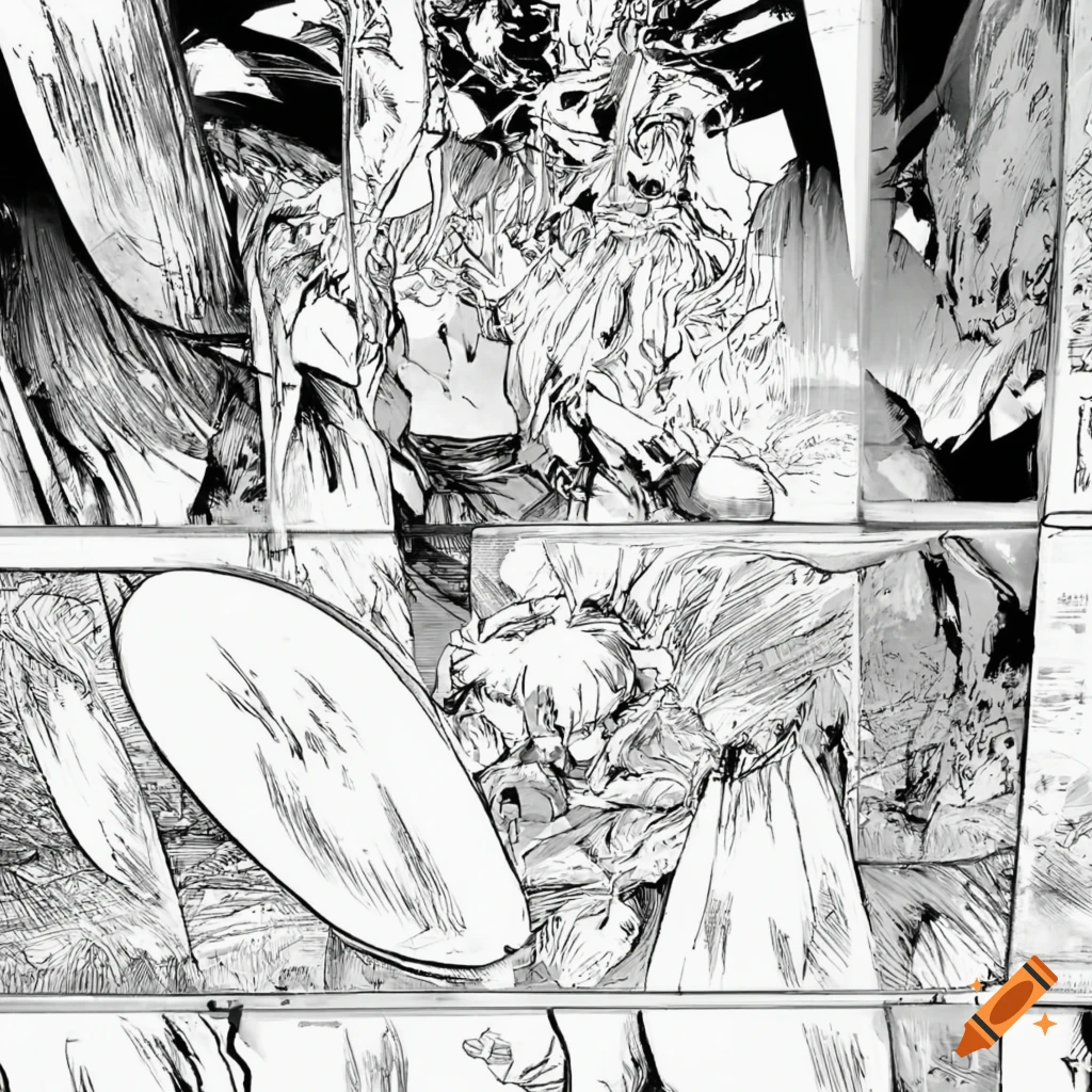 Black and white manga-style artist in multiple panels on Craiyon