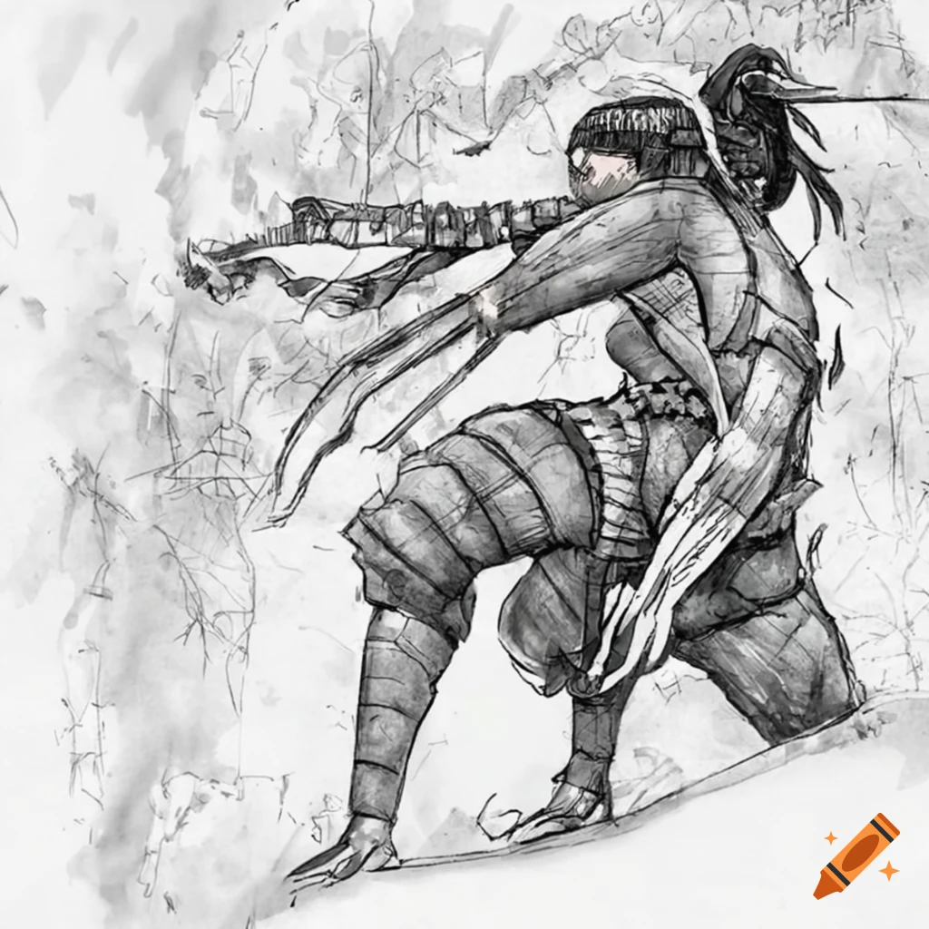 Ninja jumping across rooftops in medieval Japan, black ink manga style