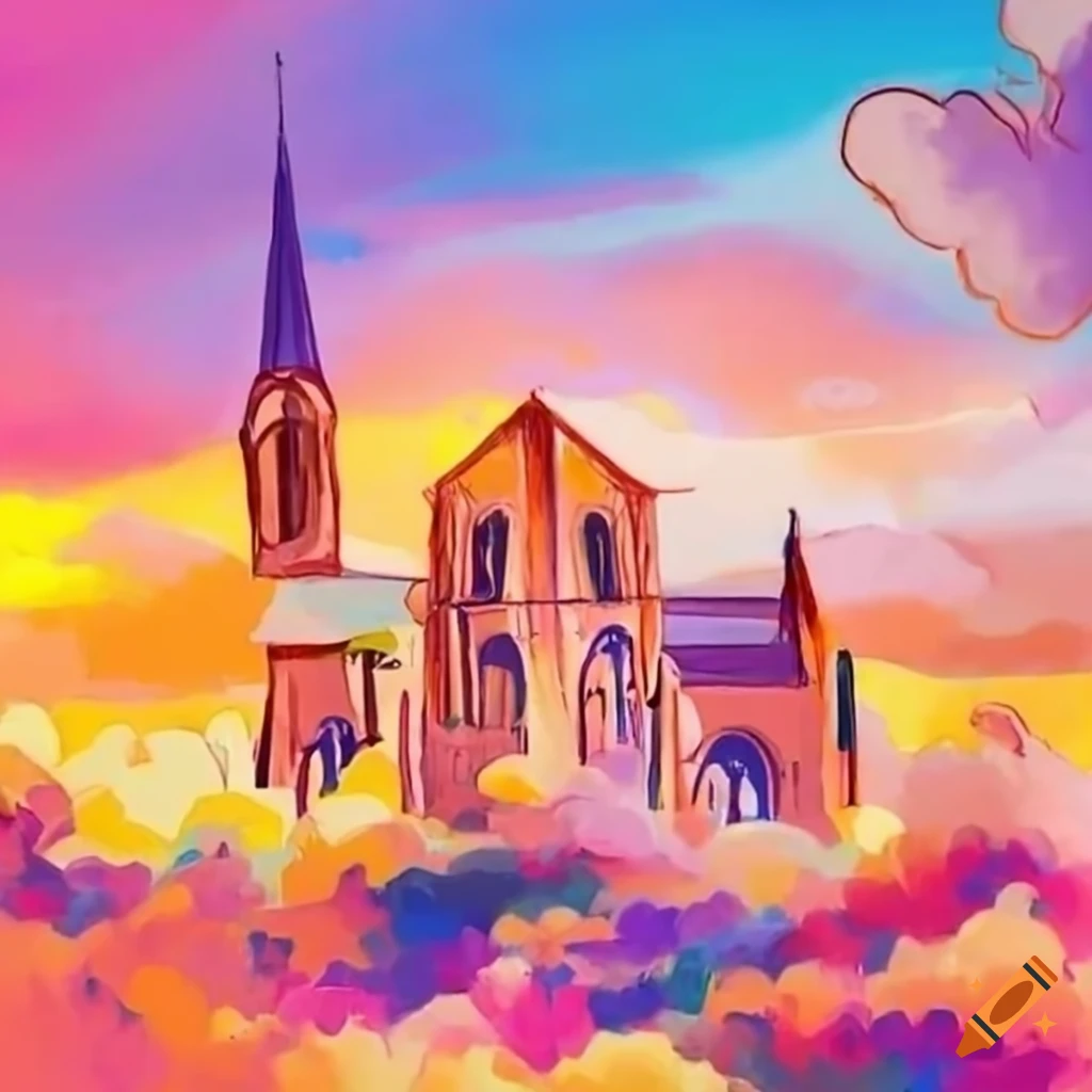 Romantic french village in the cotton clouds with soothing colors on