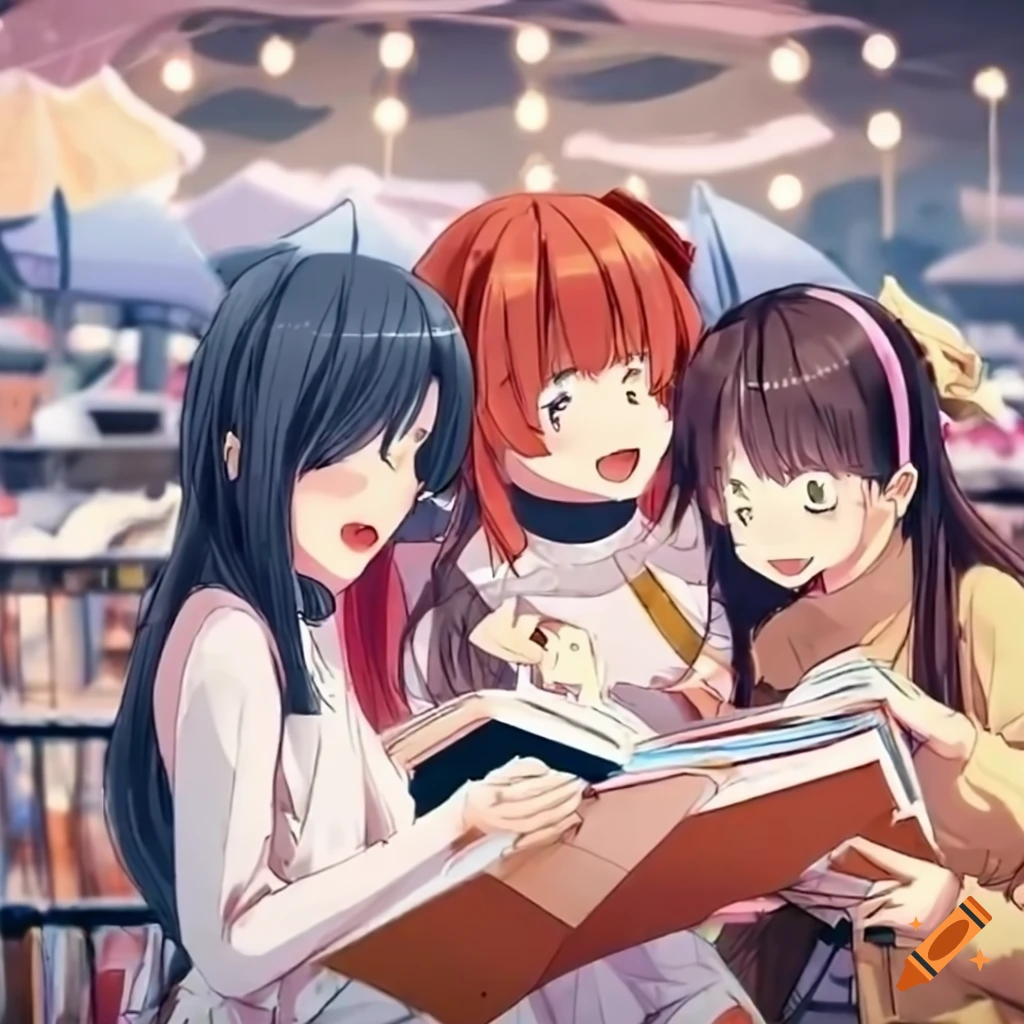 Joyful anime girls at a book market with harbor view on a rainy day