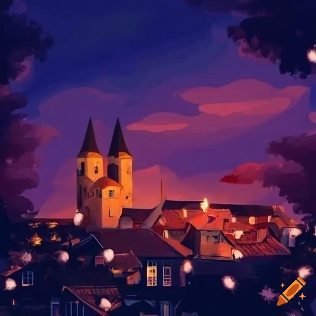 Romantic french village with colorful cotton clouds and lights on Craiyon