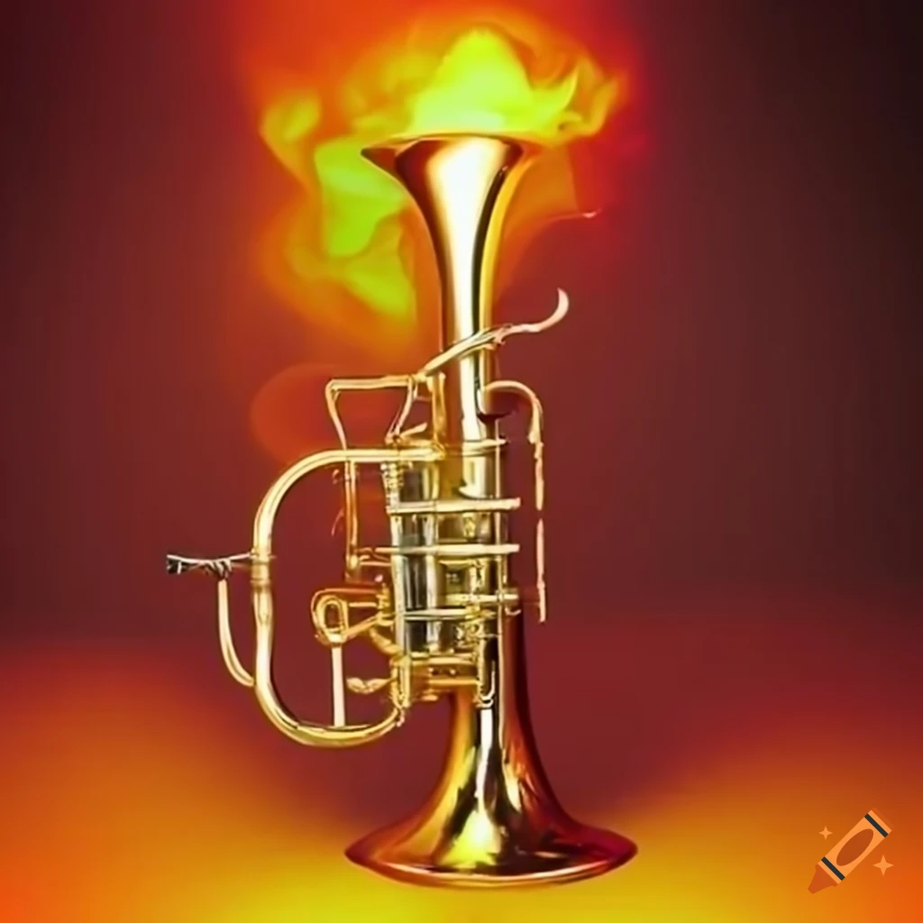 Brass instrument surrounded by a fiery aura on Craiyon