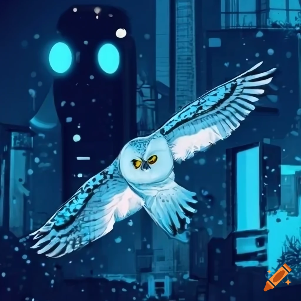 White cyberpunk snow owl in snow, tim doyle style on Craiyon