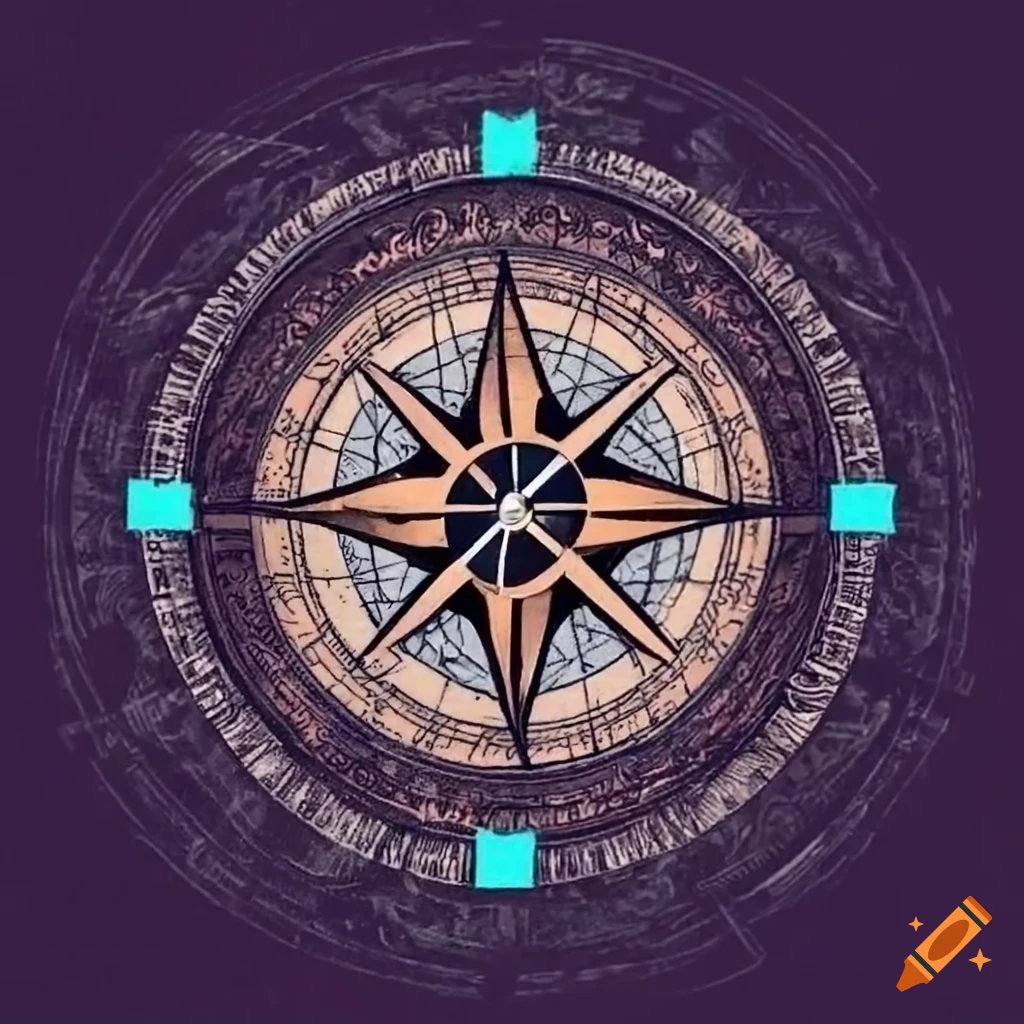 Nordic compass tattoo design with gyroscope and map elements