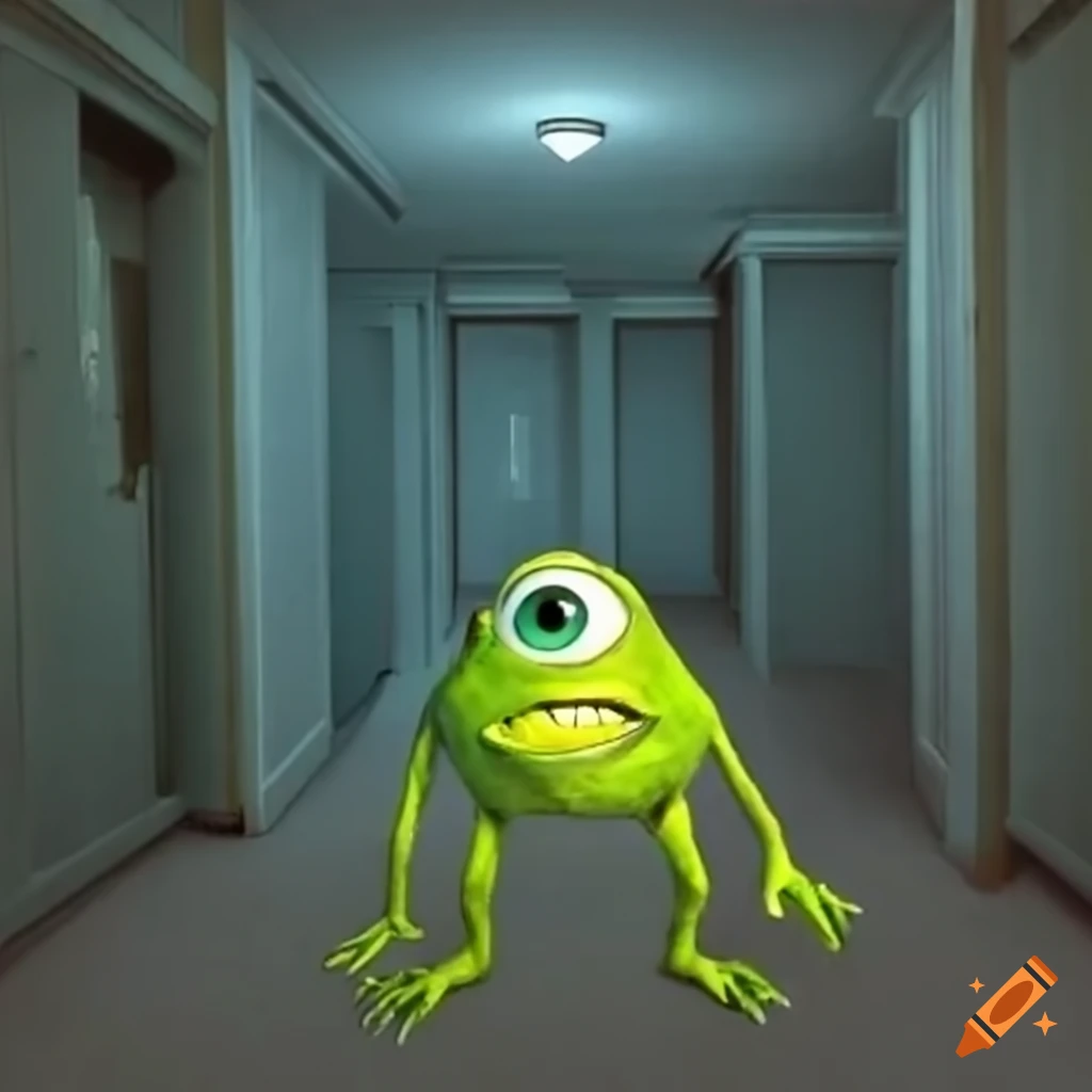 Liminal space with a small Mike Wazowski figure