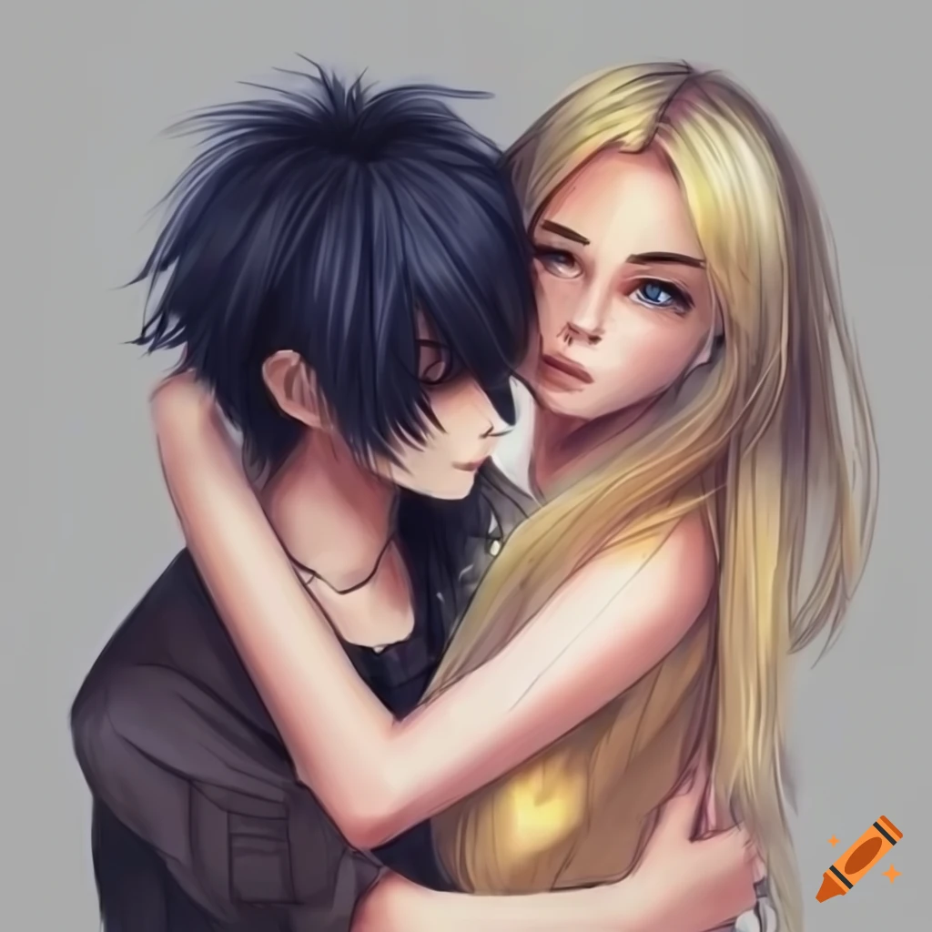 Drawing of a blonde woman hugging a dark-haired anime man