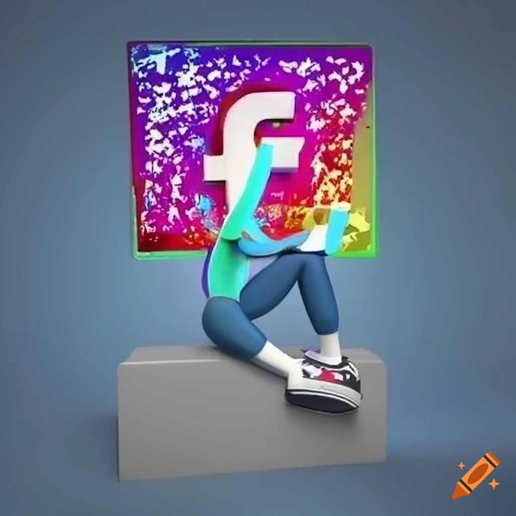 3D illustration of animated character sitting on Facebook logo in casual modern clothing