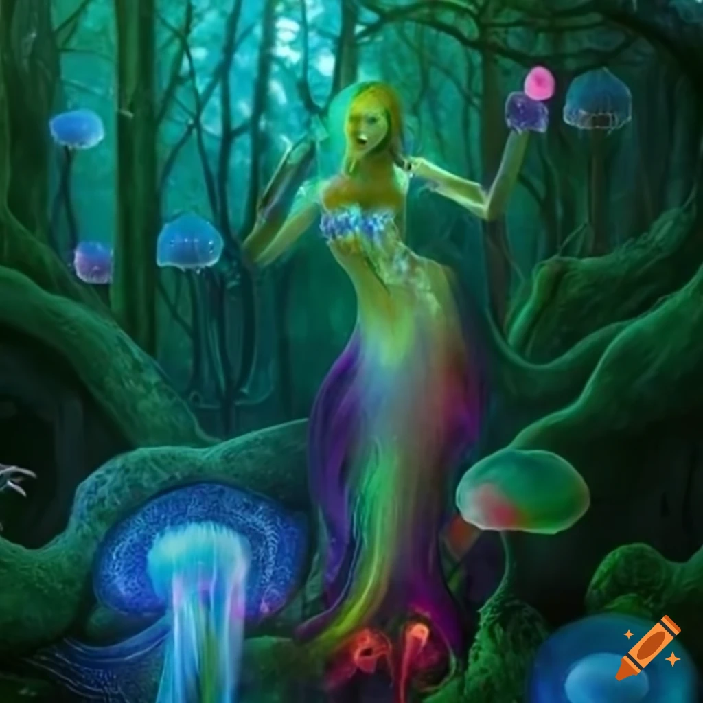 Fantasy goddess forests with vibrant lights and animated plant life on ...