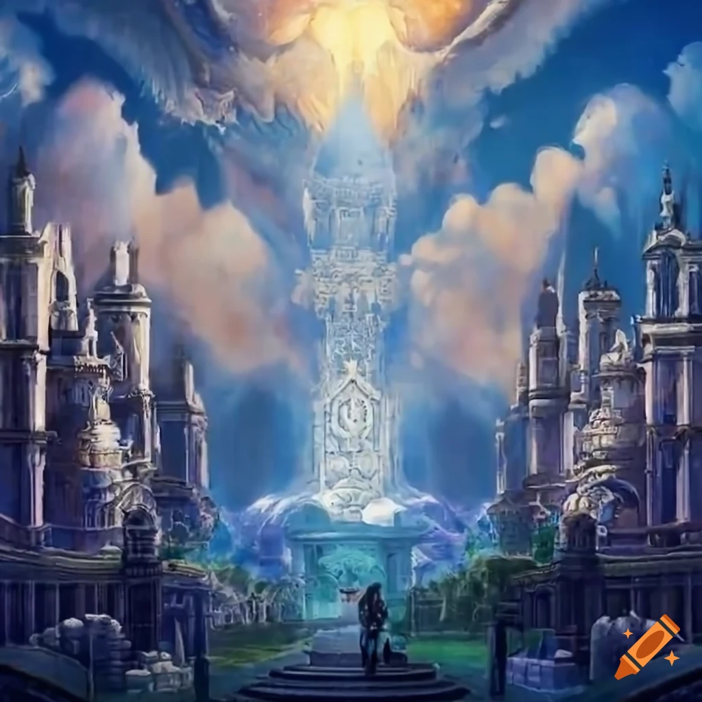 Depiction of a holy city with high walls and angels at the gates, adorned with precious jewels