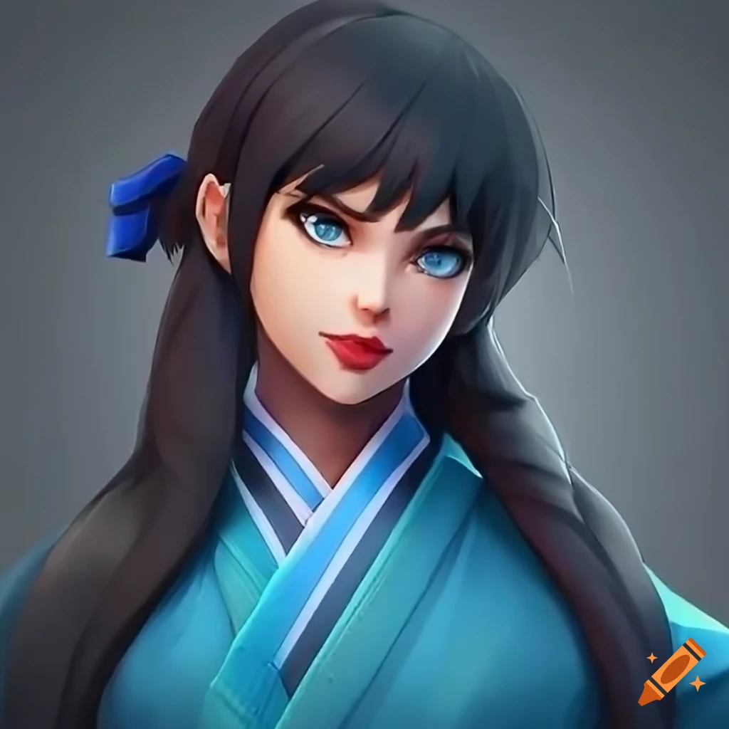 Beautiful young woman in karate kimono with long dark hair
