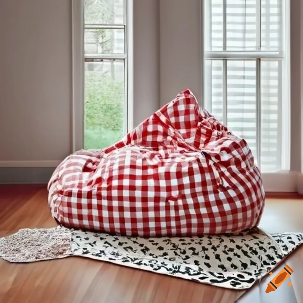 Checkered design bean bag in a house on Craiyon