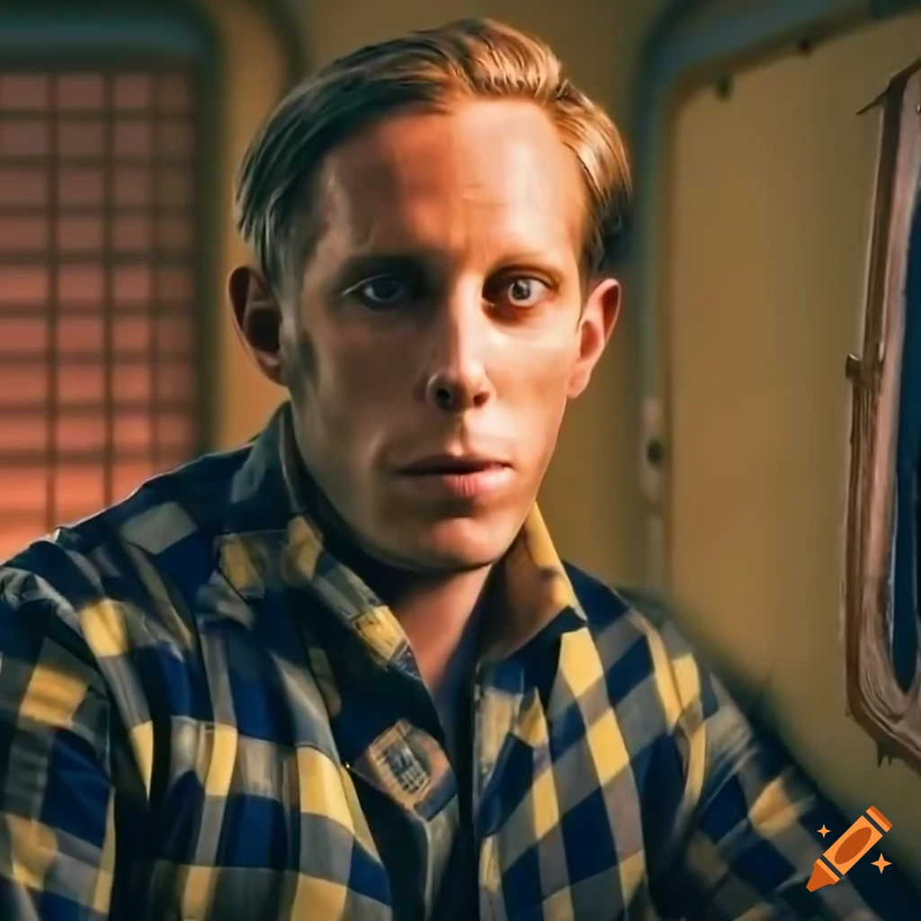 Young man in yellow plaid shirt and black leather trousers sitting in a caravan trailer
