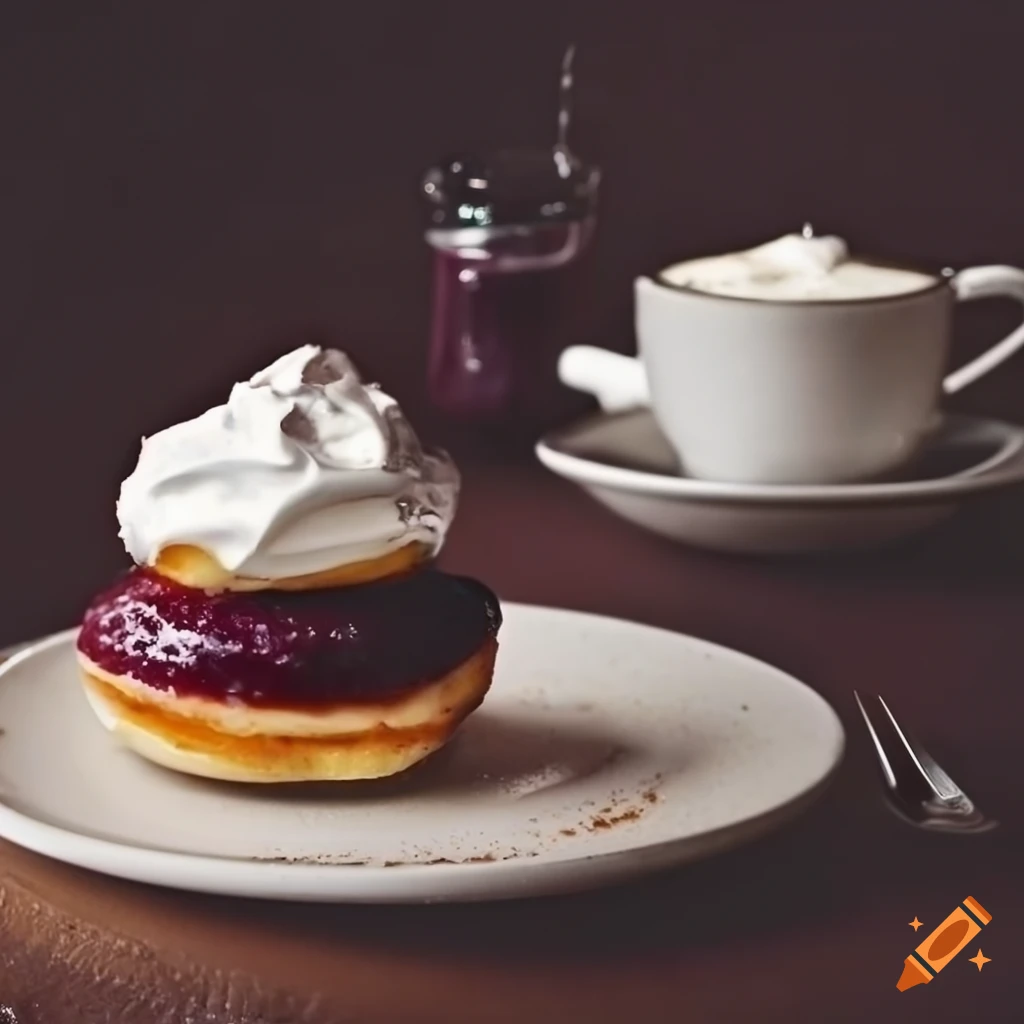 Delicious blackberry jam filled donut with latte and whipped cream