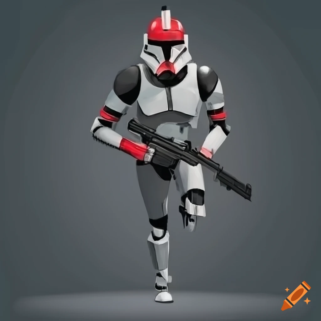 Black clone trooper running with a shotgun in a comic style with a red visor
