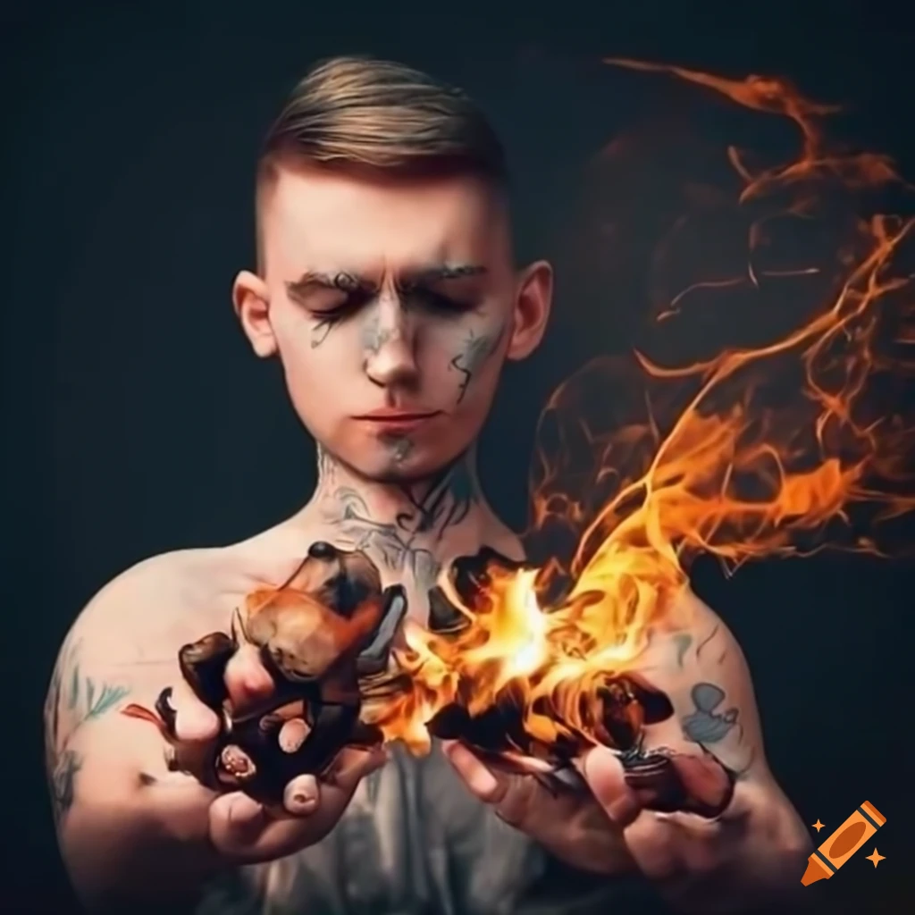 Man holding burning money in a tattoo style design