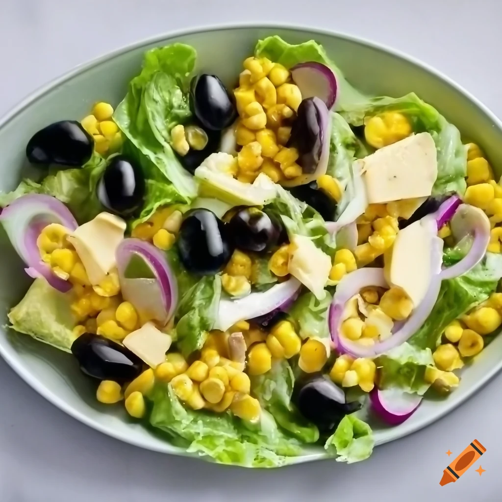 Large salad with Romaine lettuce, corn, black olives, mixed cheese, egg, and avocado