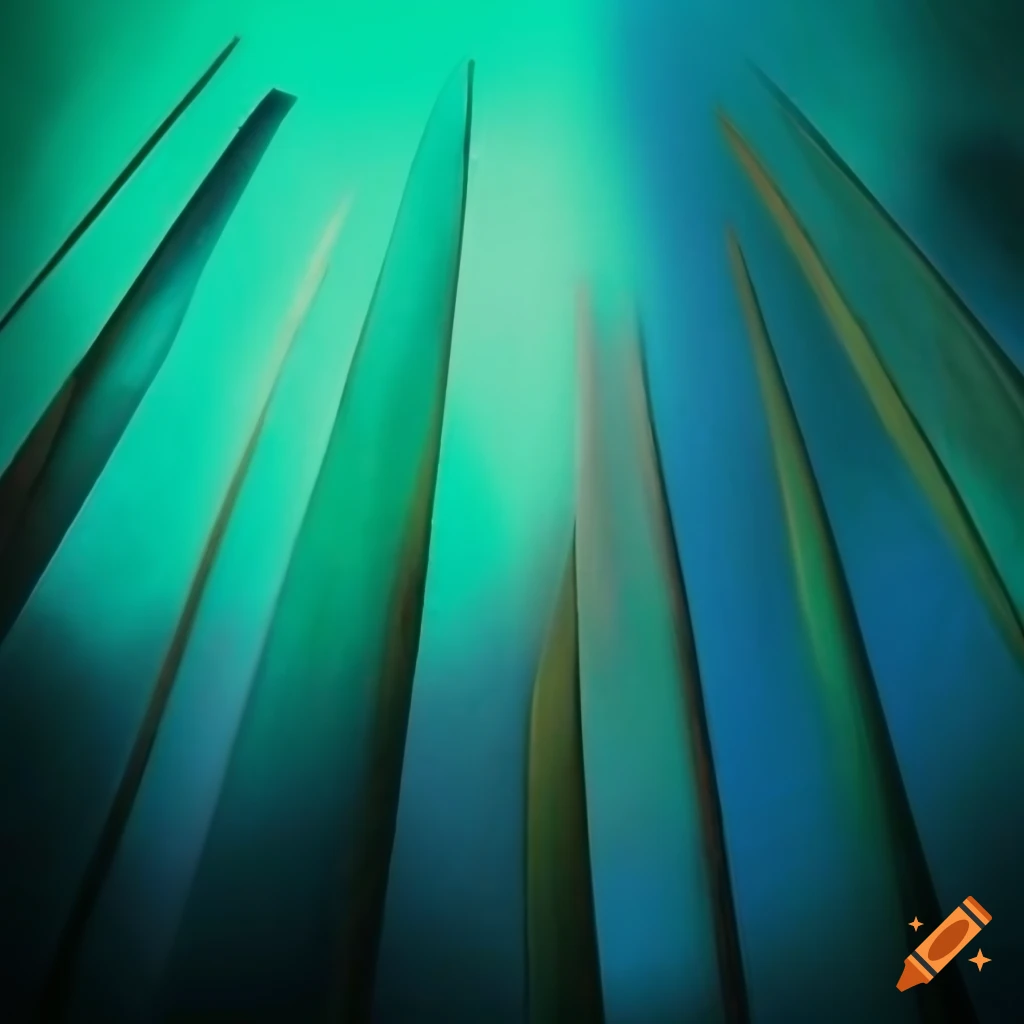 Abstract art depicting old windmill blades in light green, light blue, and emerald colors