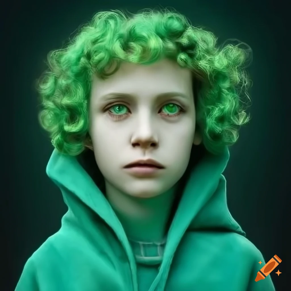 13-years-old green male forest spirit with green curls and green eyes in a green robe
