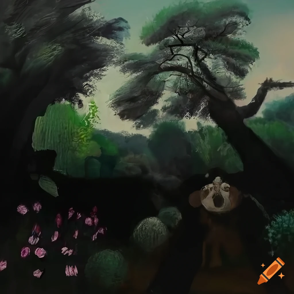 Panoramic view of the garden of eden with adam and eve surrounded by