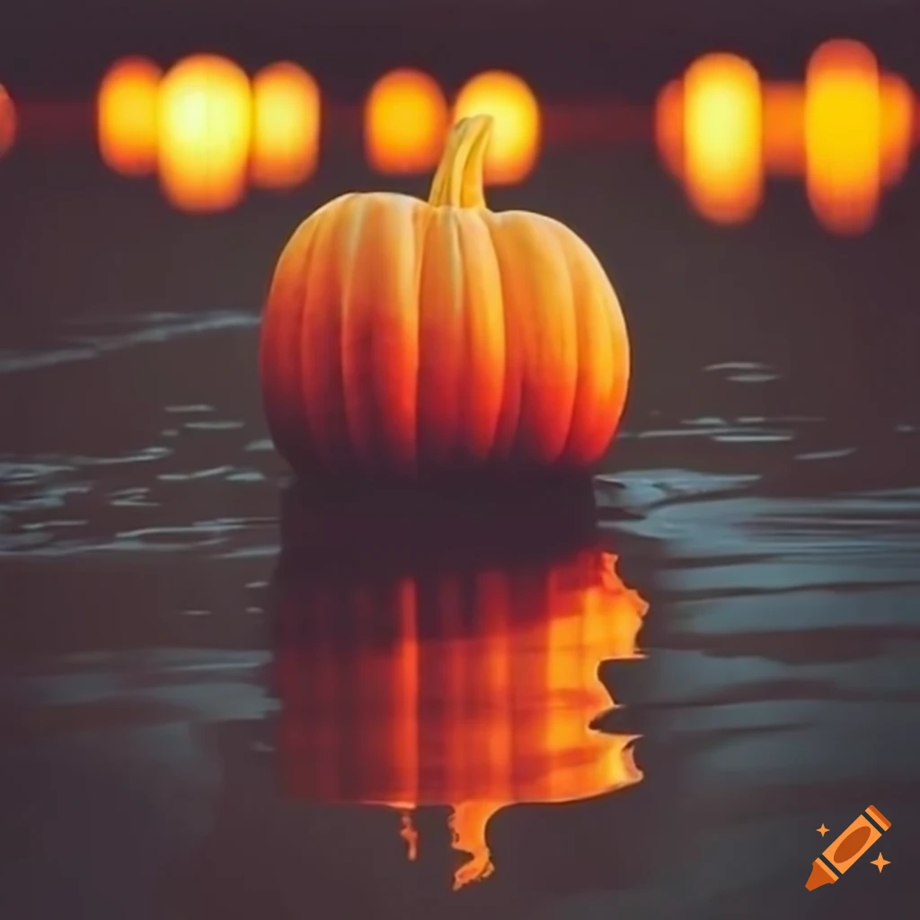 Glowing pumpkins on a lake