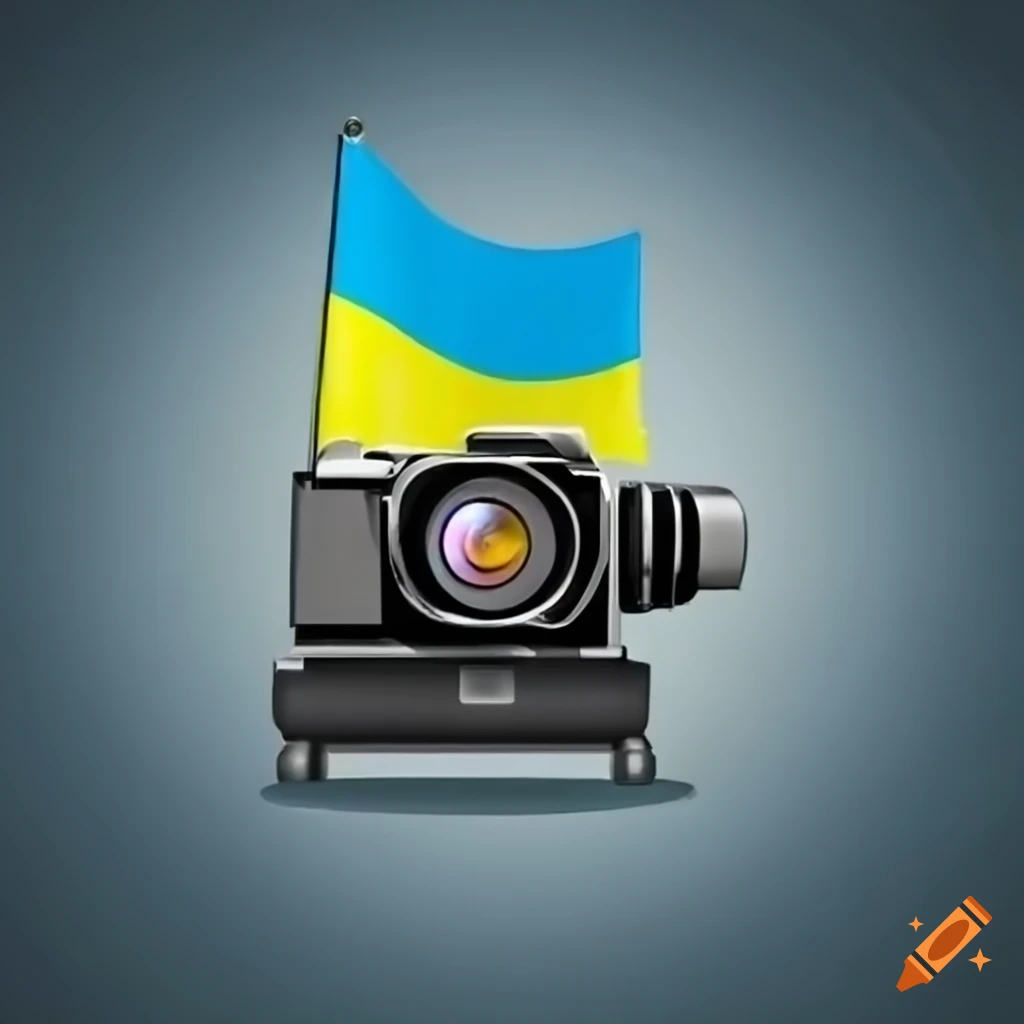 Television camera with Ukraine flag in the background