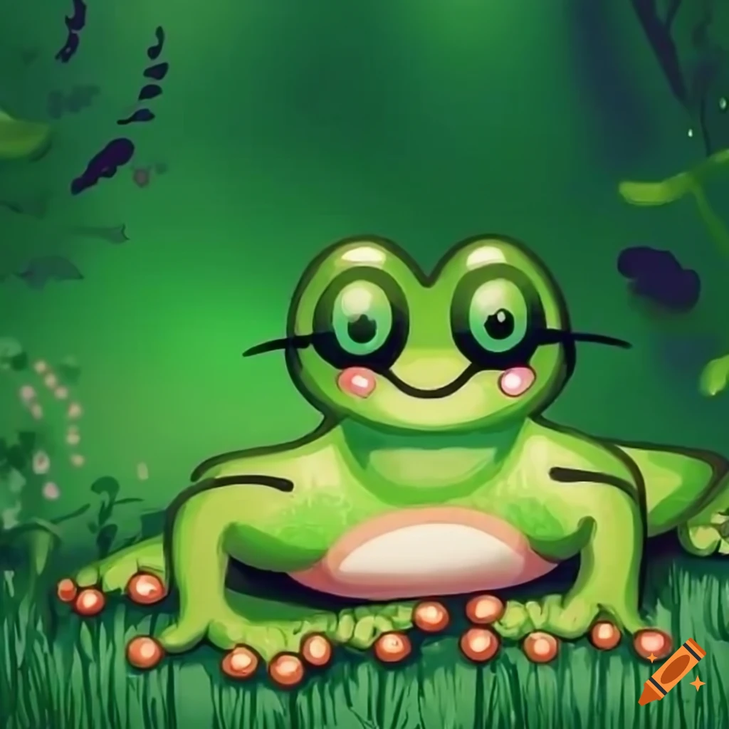 Happy cute frog in hello kitty art style dancing in a field on Craiyon
