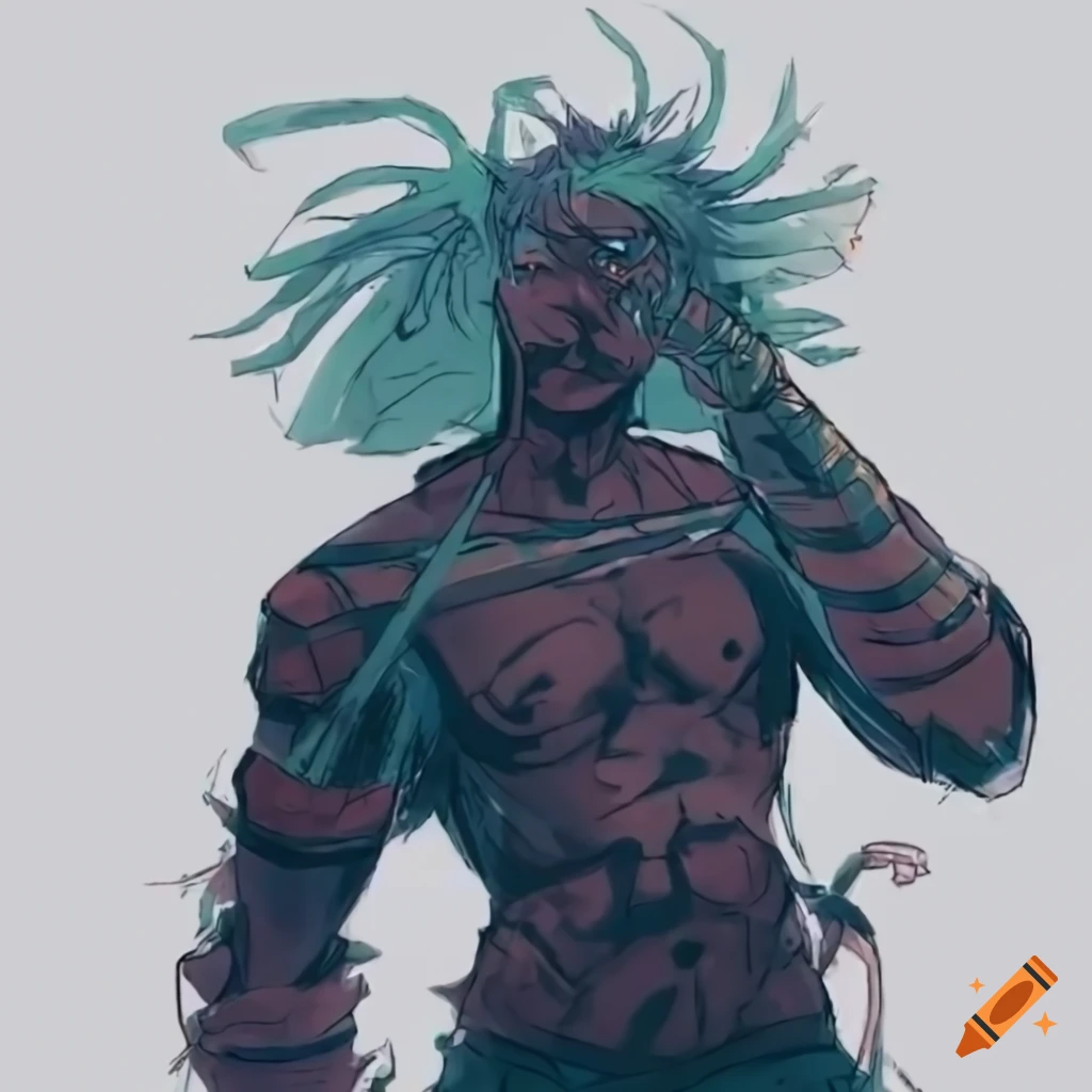 fantasy warrior character in a retro-futuristic Amazon forest setting
