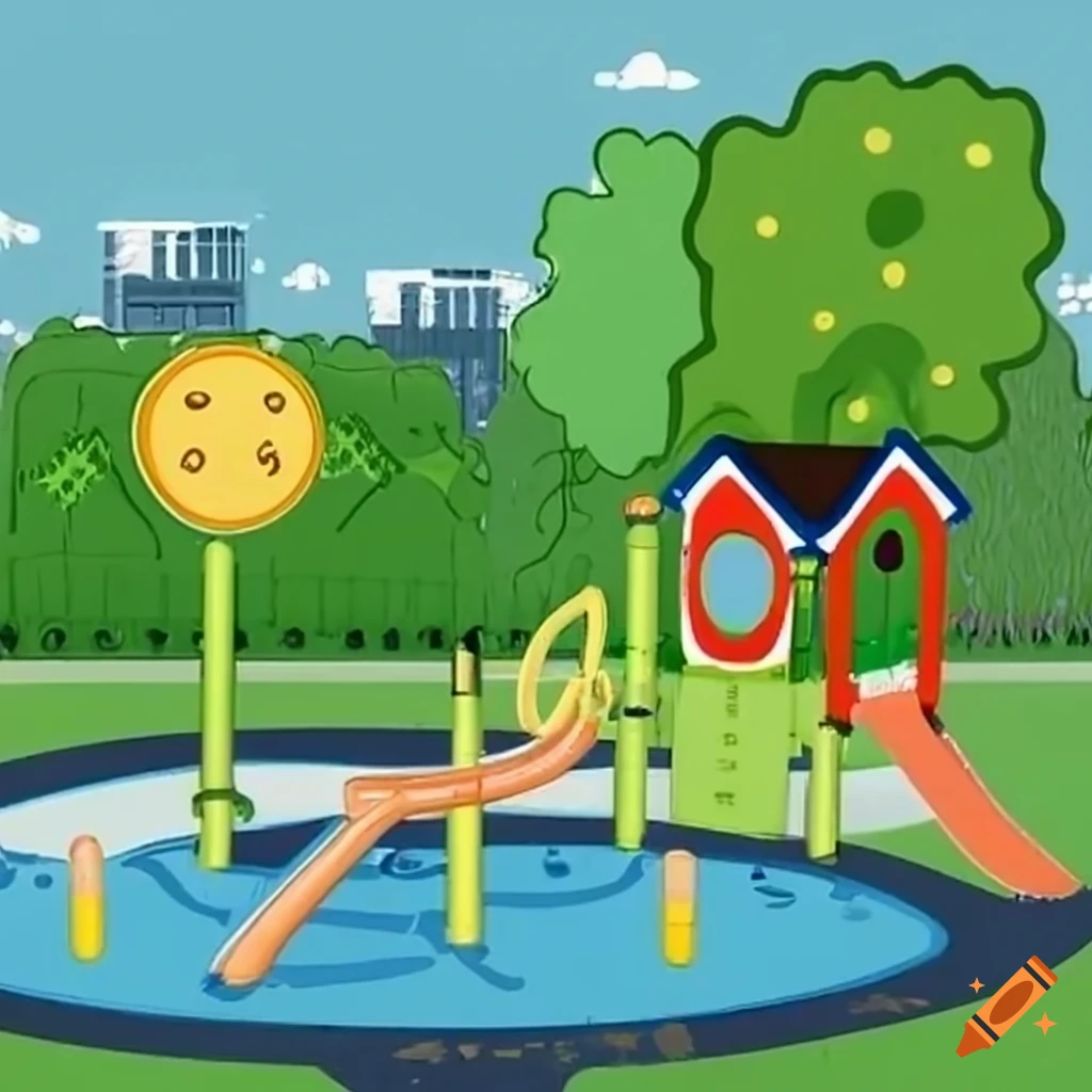 Wasserspielplatz in einem Wohngebiet mit Spielgeräten und spielenden Kindern