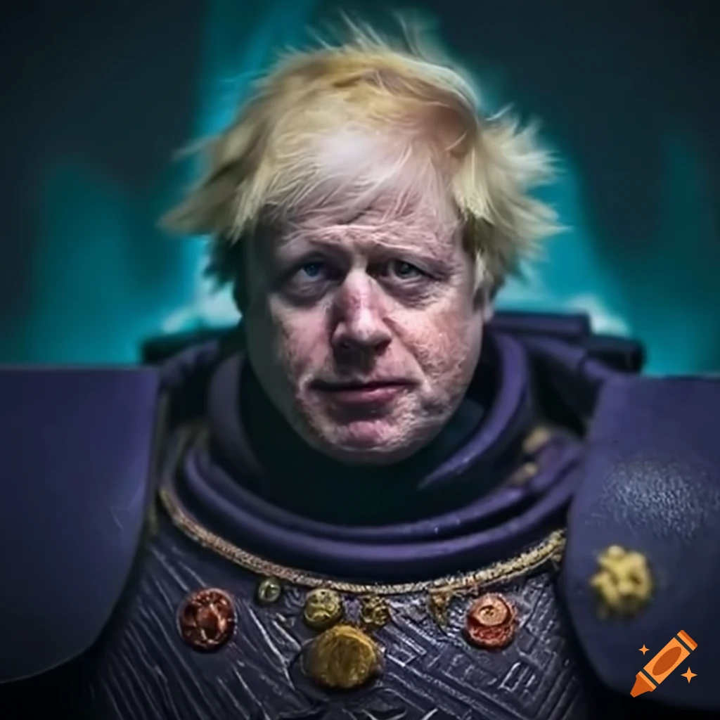 Satirical depiction of Boris Johnson as a chaos space marine