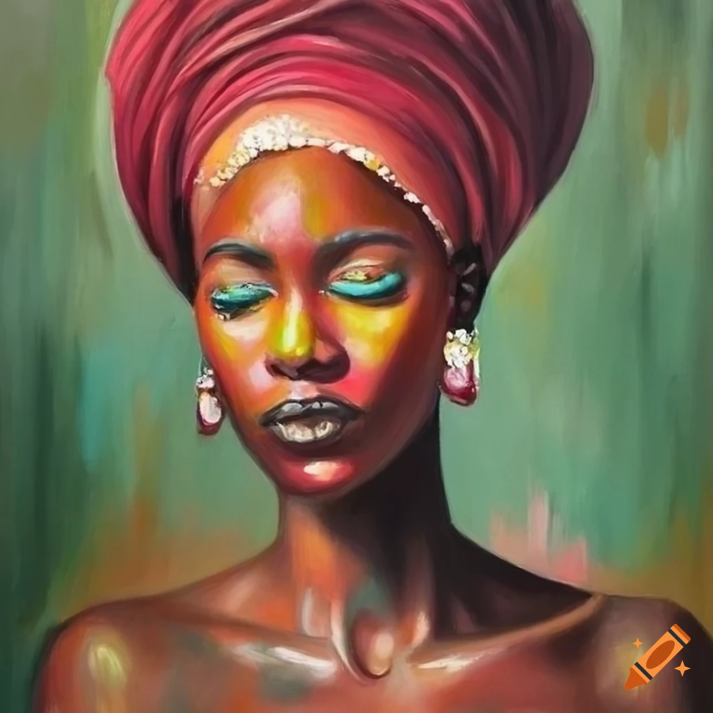 Oil painting of african queen with closed eyes in pink, green, white