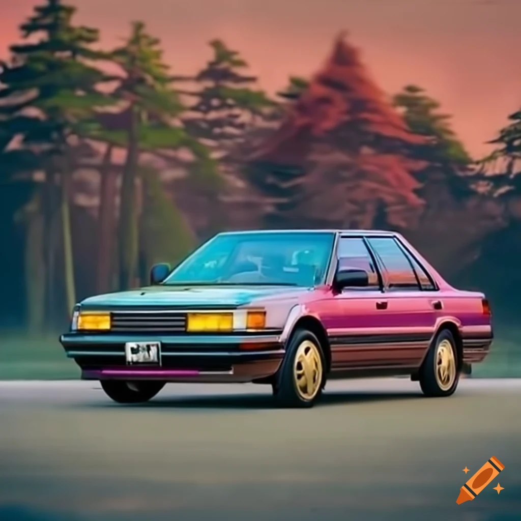 Vibrantly colored 1988 Toyota Camry in Japanese anime-style art