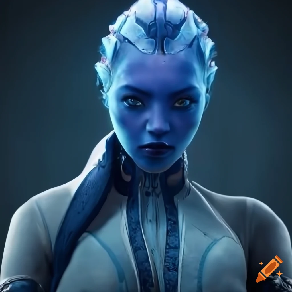 Portrait Of An Asari Girl With Blue Skin And Dramatic Lighting In A Hangar On Craiyon 