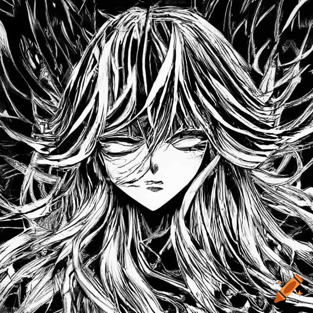 Black and white highly detailed manga panel with sharp outline on Craiyon