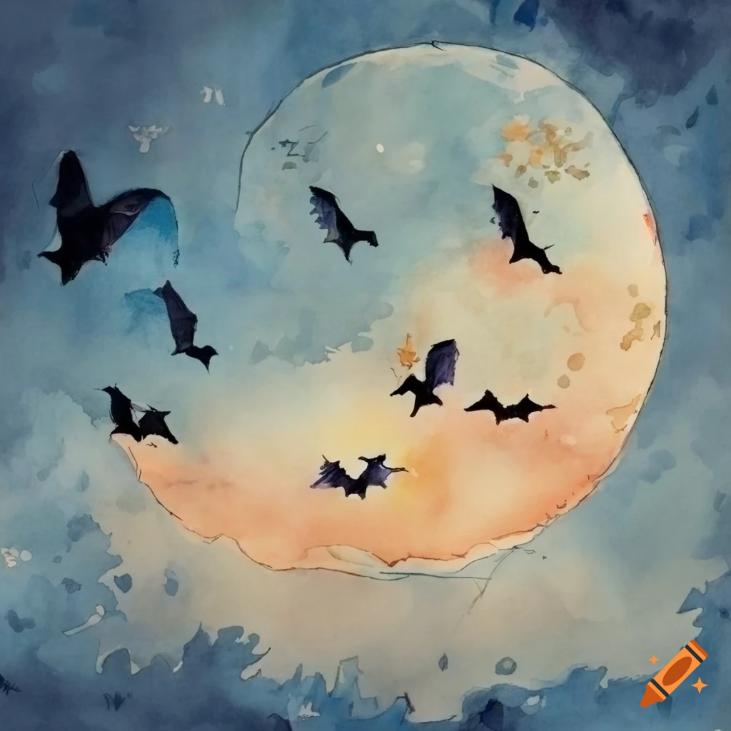 Bats flying in the moonlit sky in watercolor and ink, Carl Larsson style