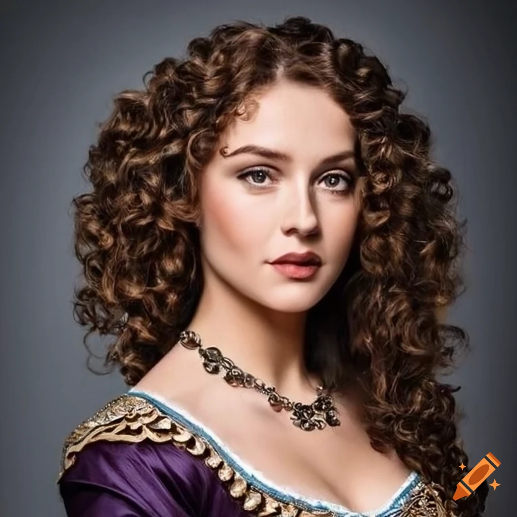 Portrait of a detailed young woman with brown eyes and curly hair in a medieval dress