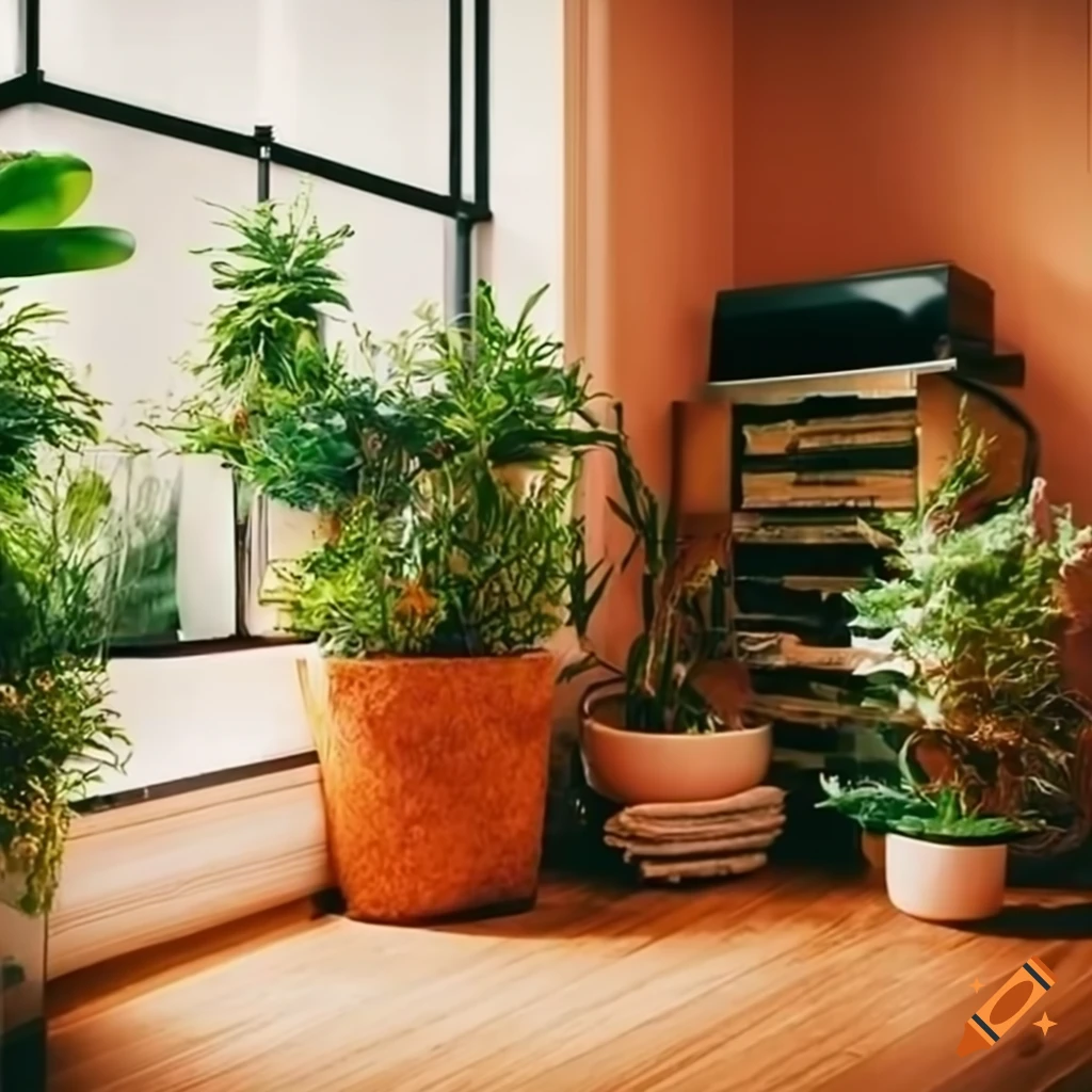 Modern warm apartment with potted plants and stacks of vinyl record covers