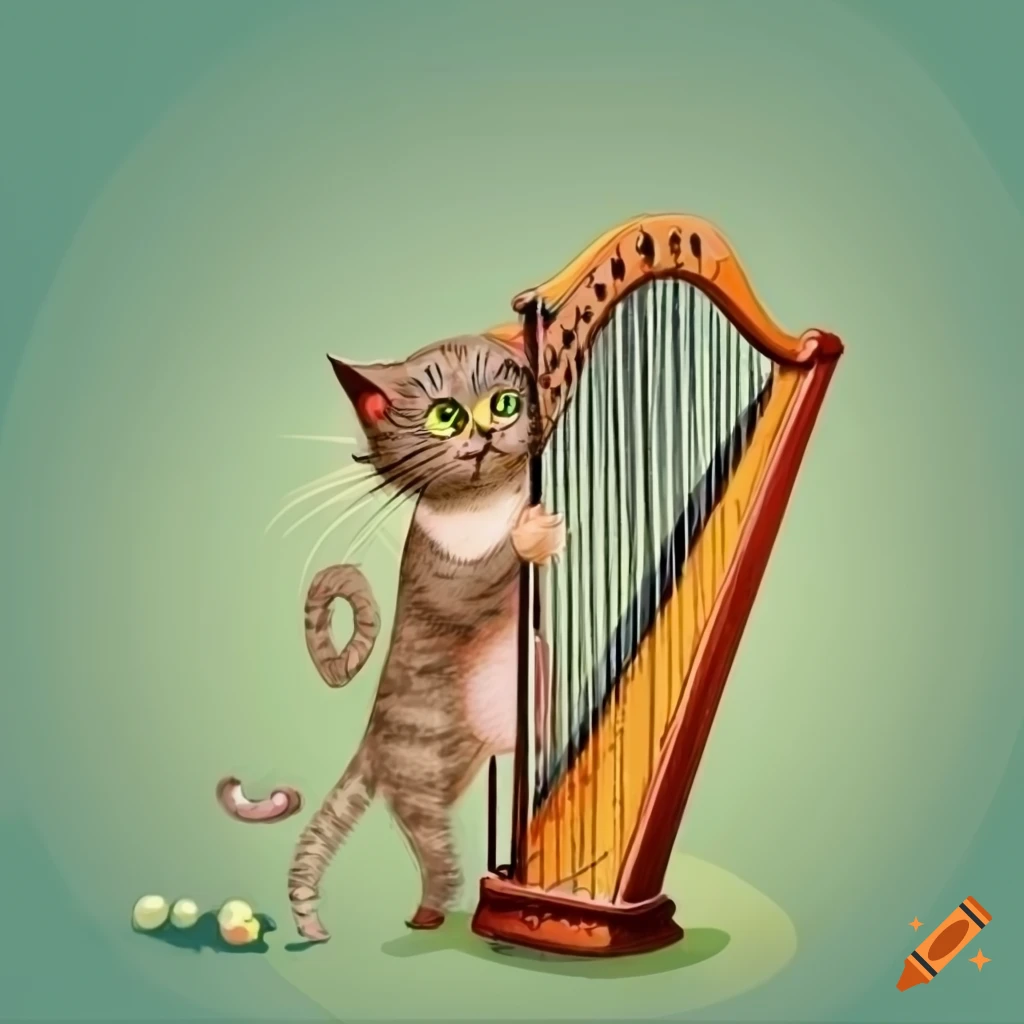 Cat playing the harp in a whimsical illustration