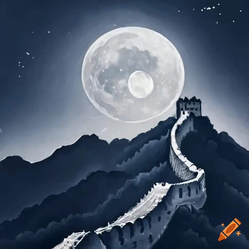Chinese ink drawing of Great Wall on hills under a full moon at nighttime