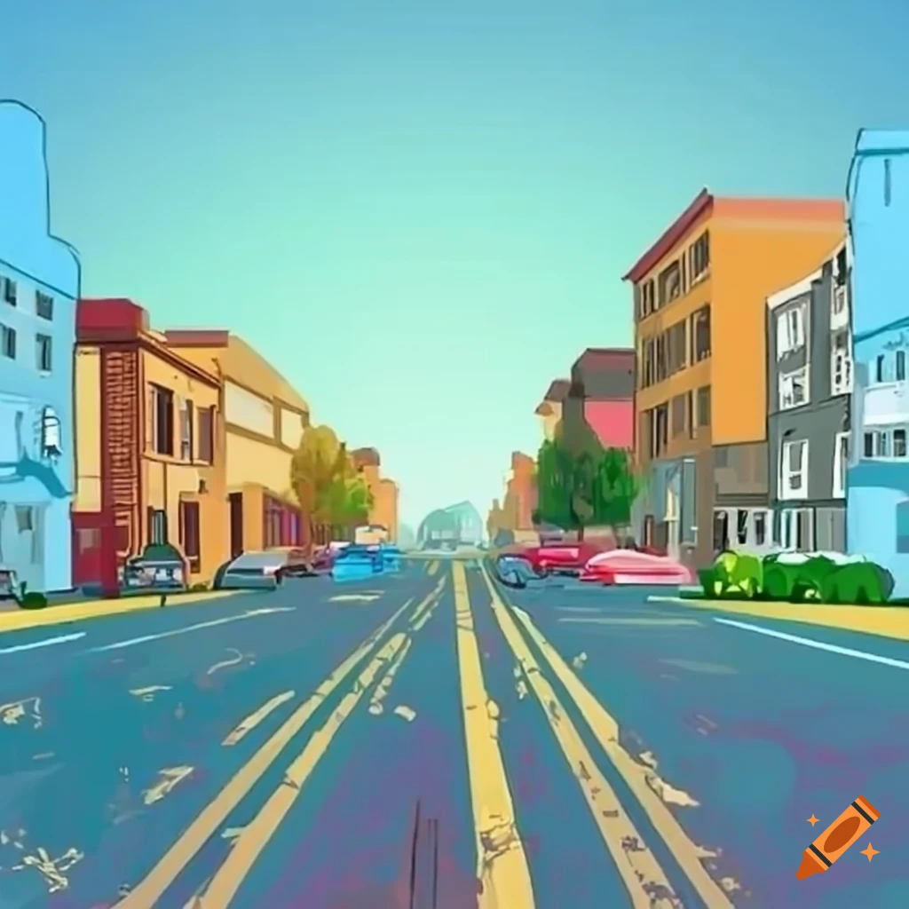 Cartoon streetscape of Oakland, CA with residential buildings and landmarks in the style of Tiny Toons