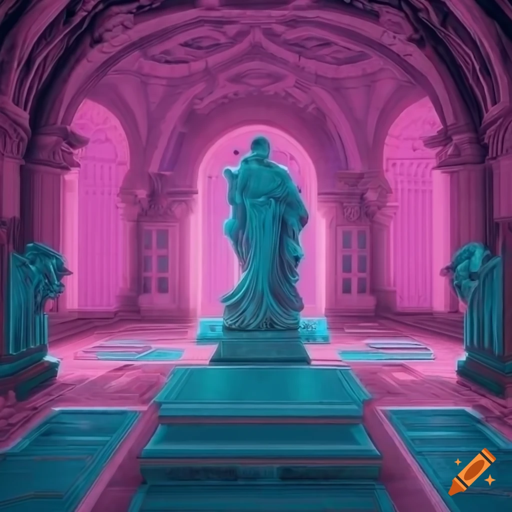 Luxurious pastel pink and blue cemetery crypt with marble statues and