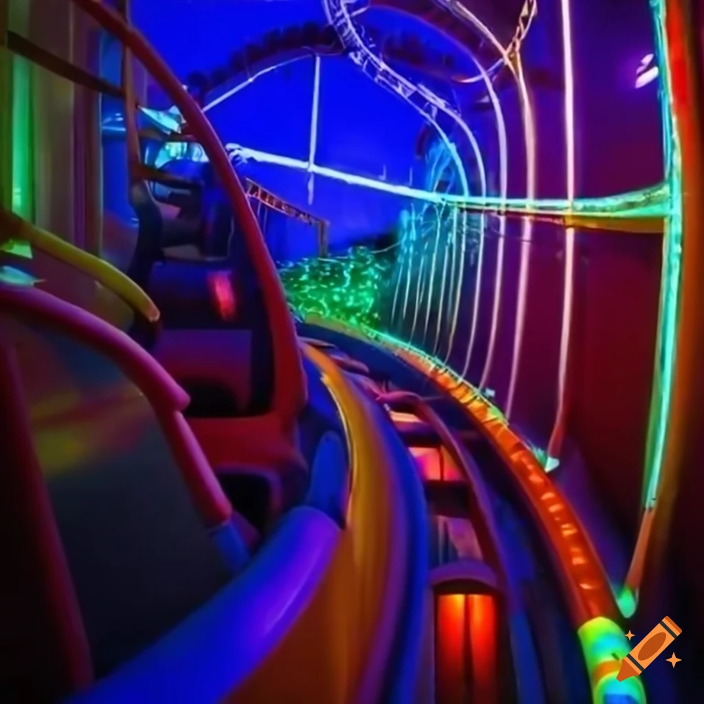 Liminal spaces inside a rollercoaster with lights mixed with a picture of a playground