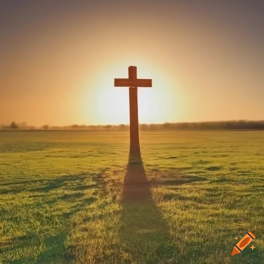 Serene field with sunset light, Christian cross, and swords