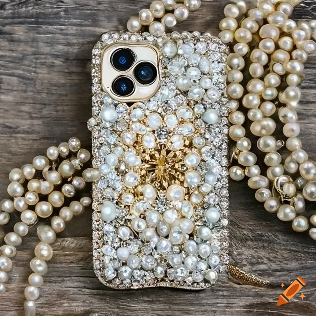 Luxurious phone case adorned with diamonds, pearls, and flowers