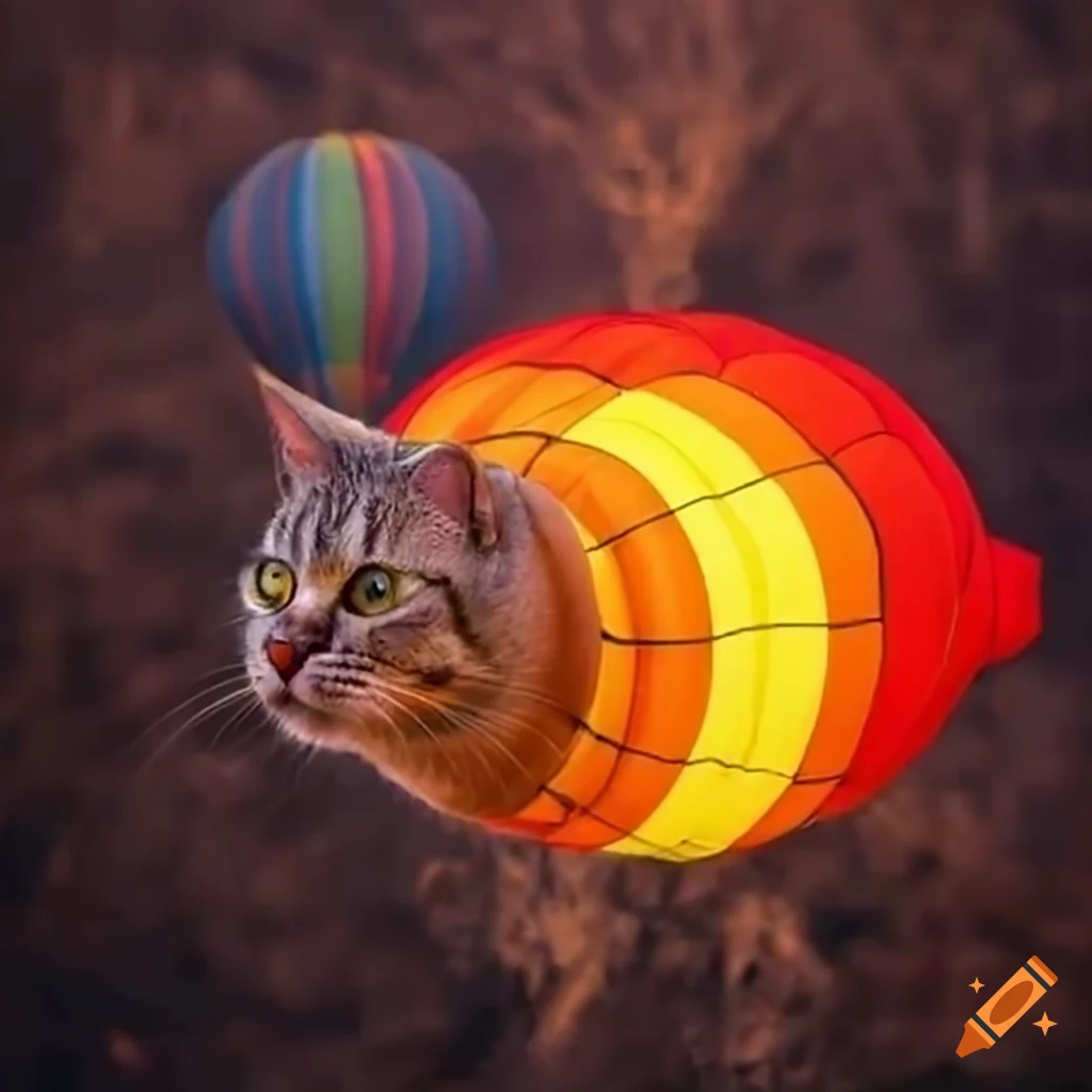 Scared cat riding a colorful hot air balloon on fire