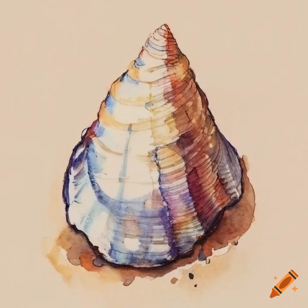 Shells in watercolor and ink sketch in Carl Larsson style