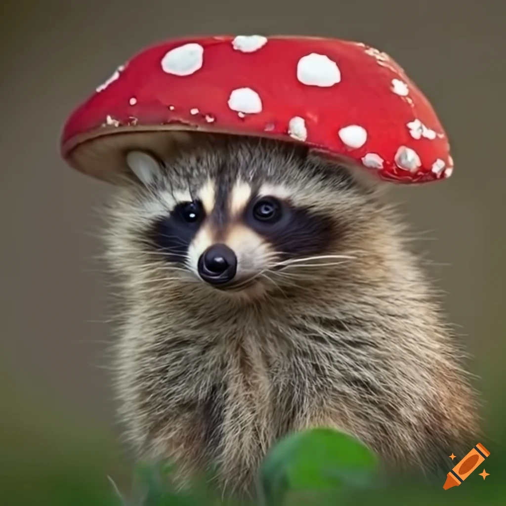 Cute raccoon wearing a mushroom hat